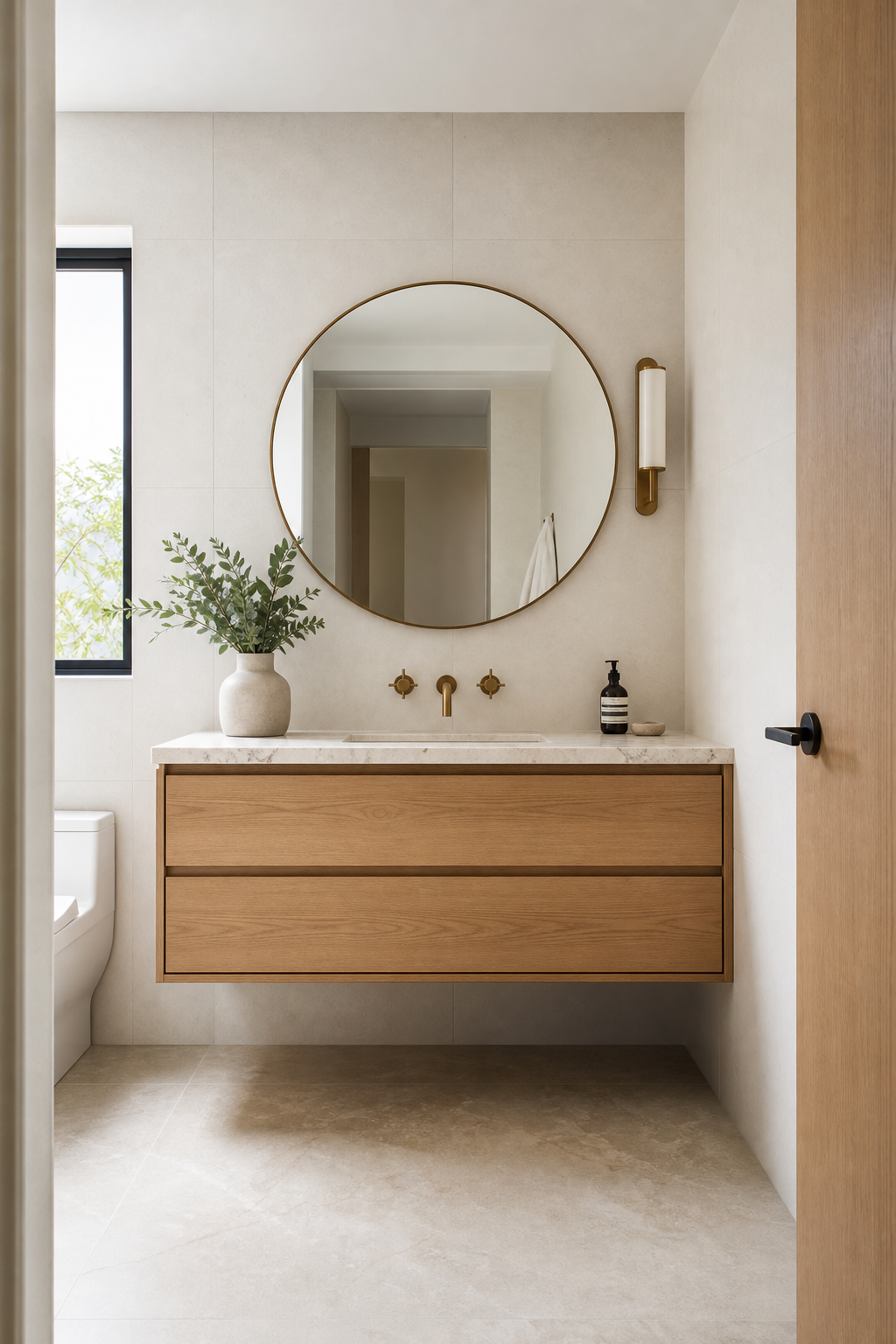 Small bathroom with floating wood vanity and open floor space
