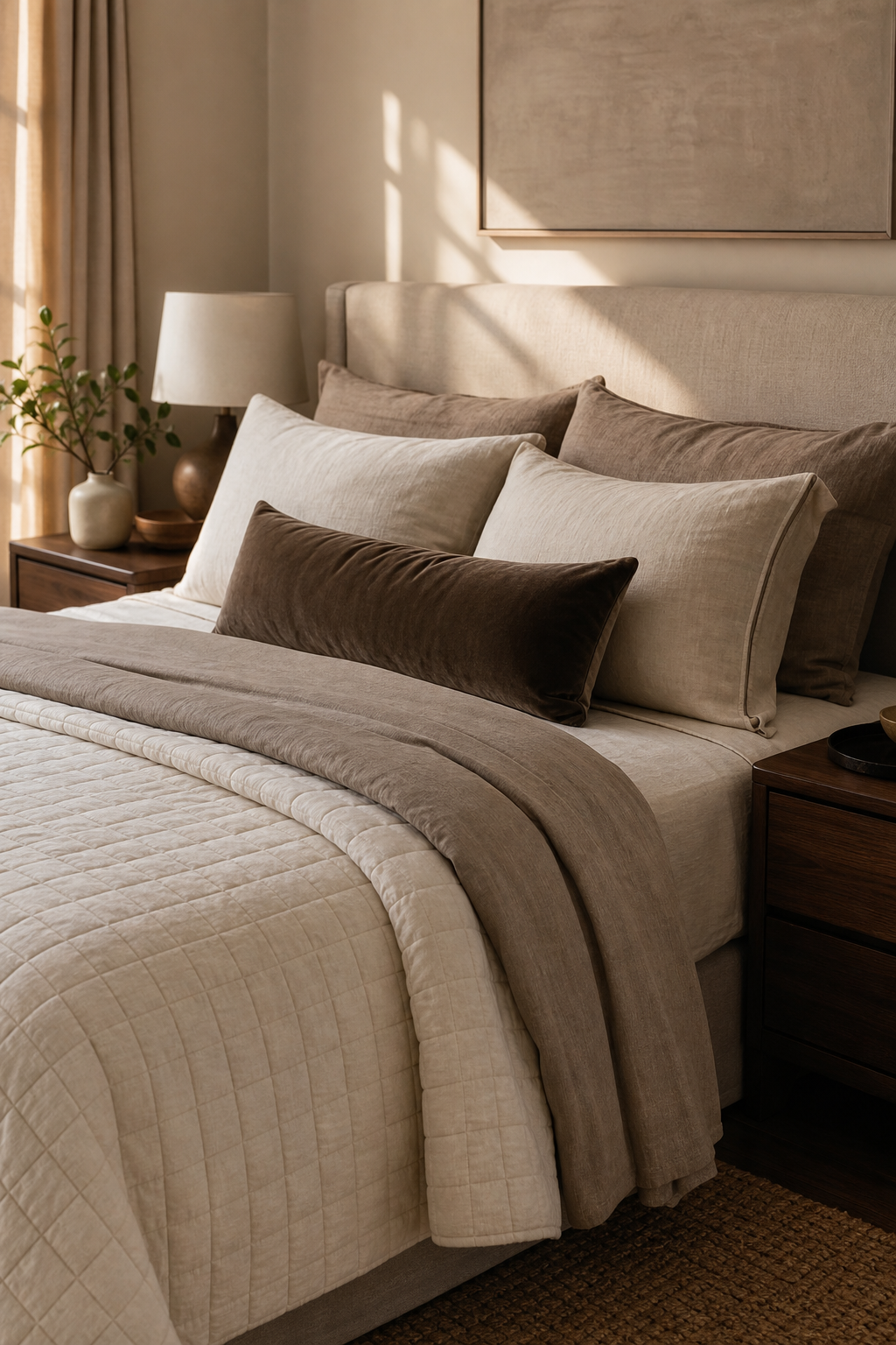 Layered linen bedding with a tailored quilt in a cozy neutral bedroom