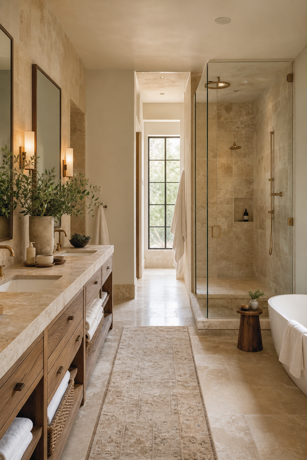 Master bath with a warm stone palette