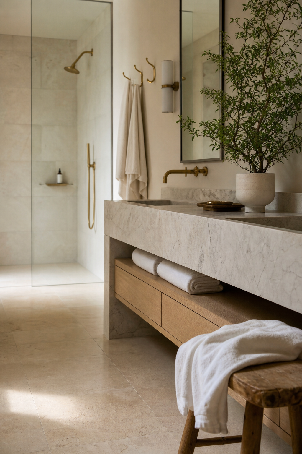 layer warm stone with soft white towels in a cozy spa-like bathroom