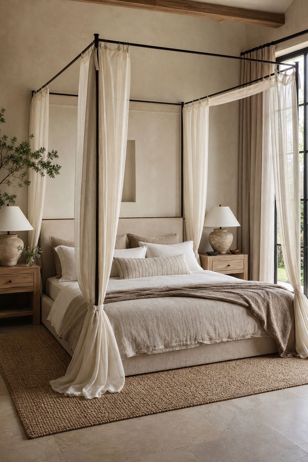 Sheer linen canopy bed with neutral bedding in a serene luxury bedroom