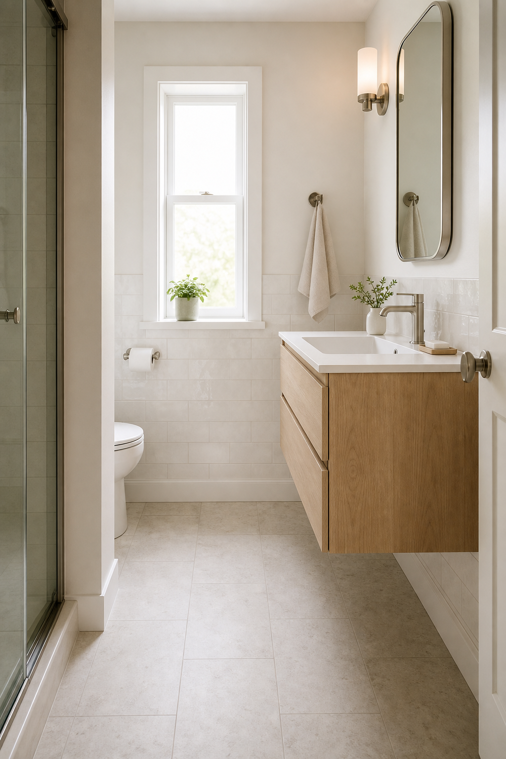 Tiny bathroom with compact floating vanity and open floor space