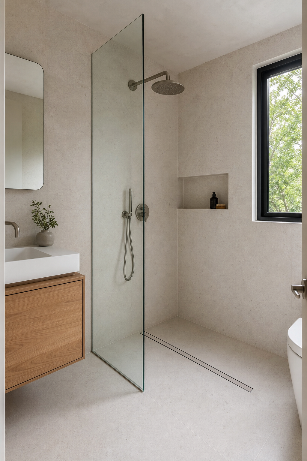 Small bathroom interior idea with frame a wet-room shower with one glass panel