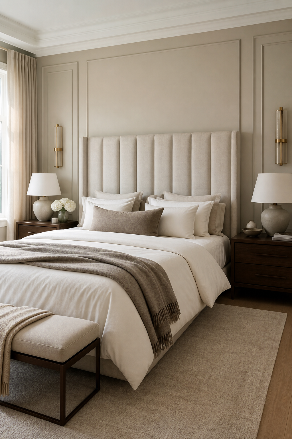 Luxury bedroom with channel tufted headboard and layered neutral bedding