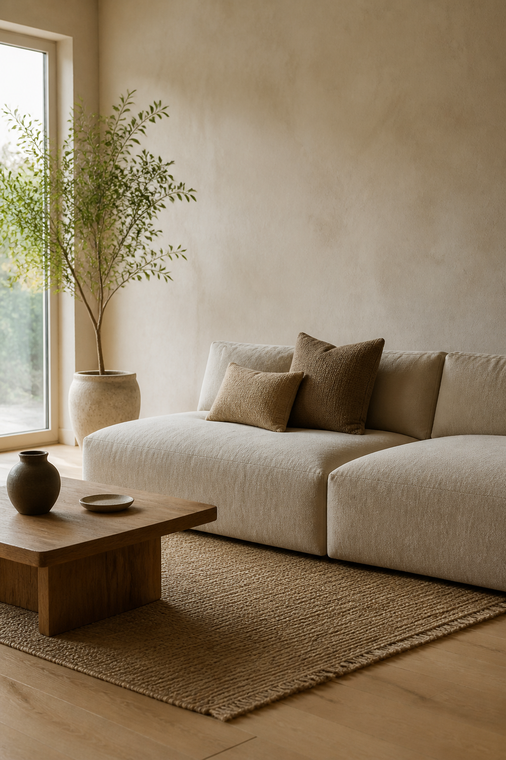 Japandi living room with low oatmeal linen sofa and woven rug
