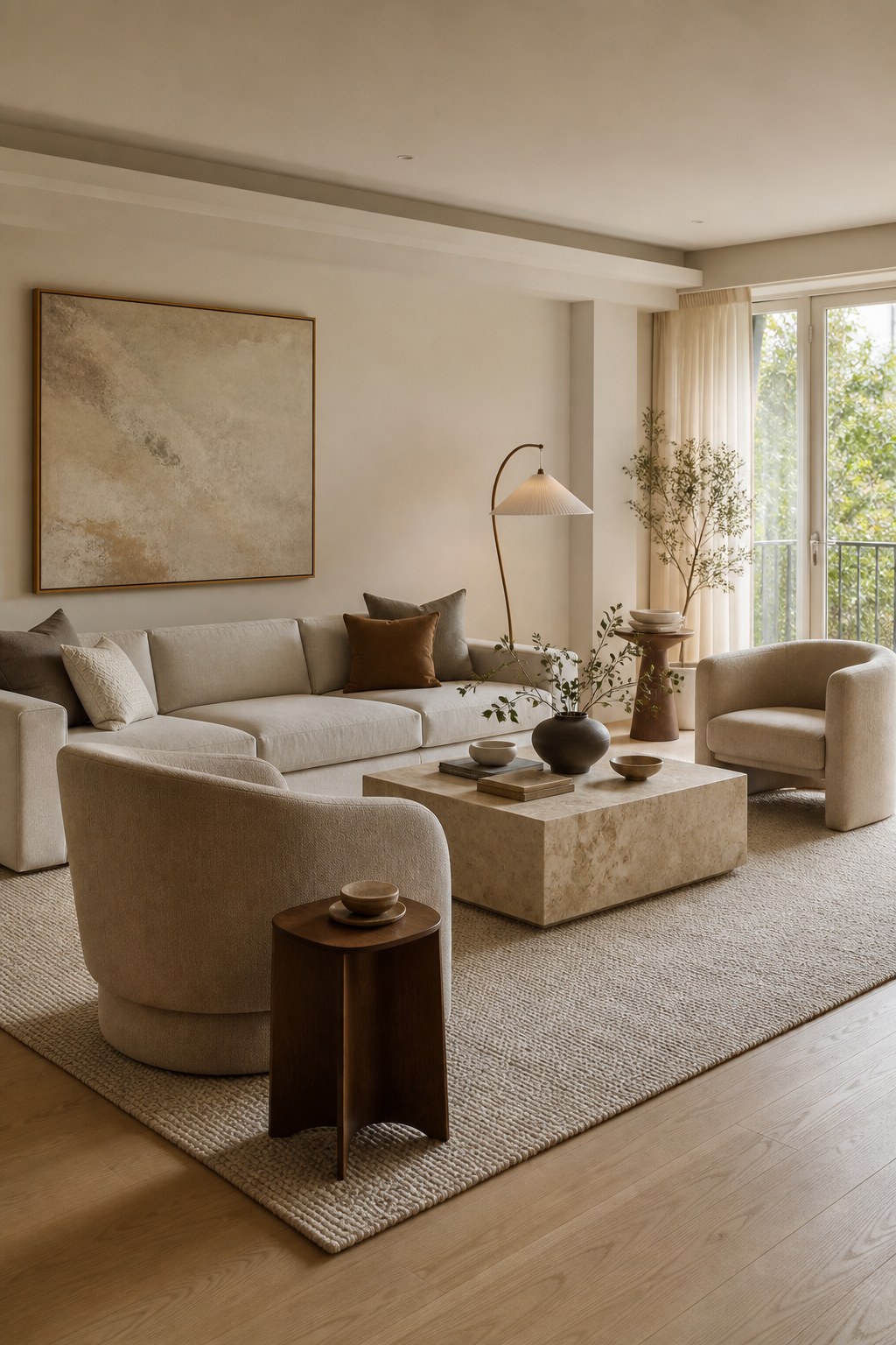 Luxury living room with layered seating arranged for conversation