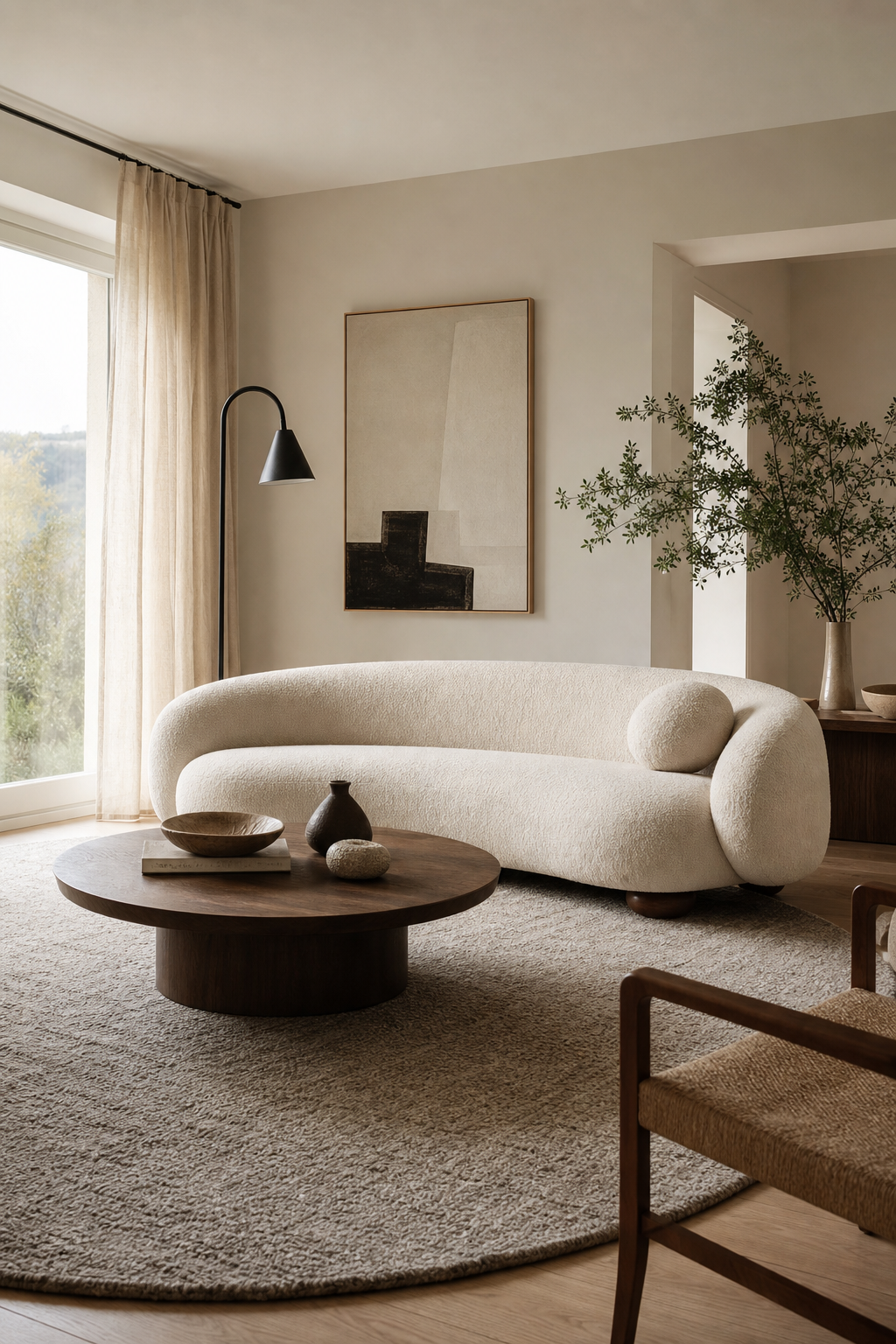 Contemporary living room with a low curved ivory sofa and warm designer textures