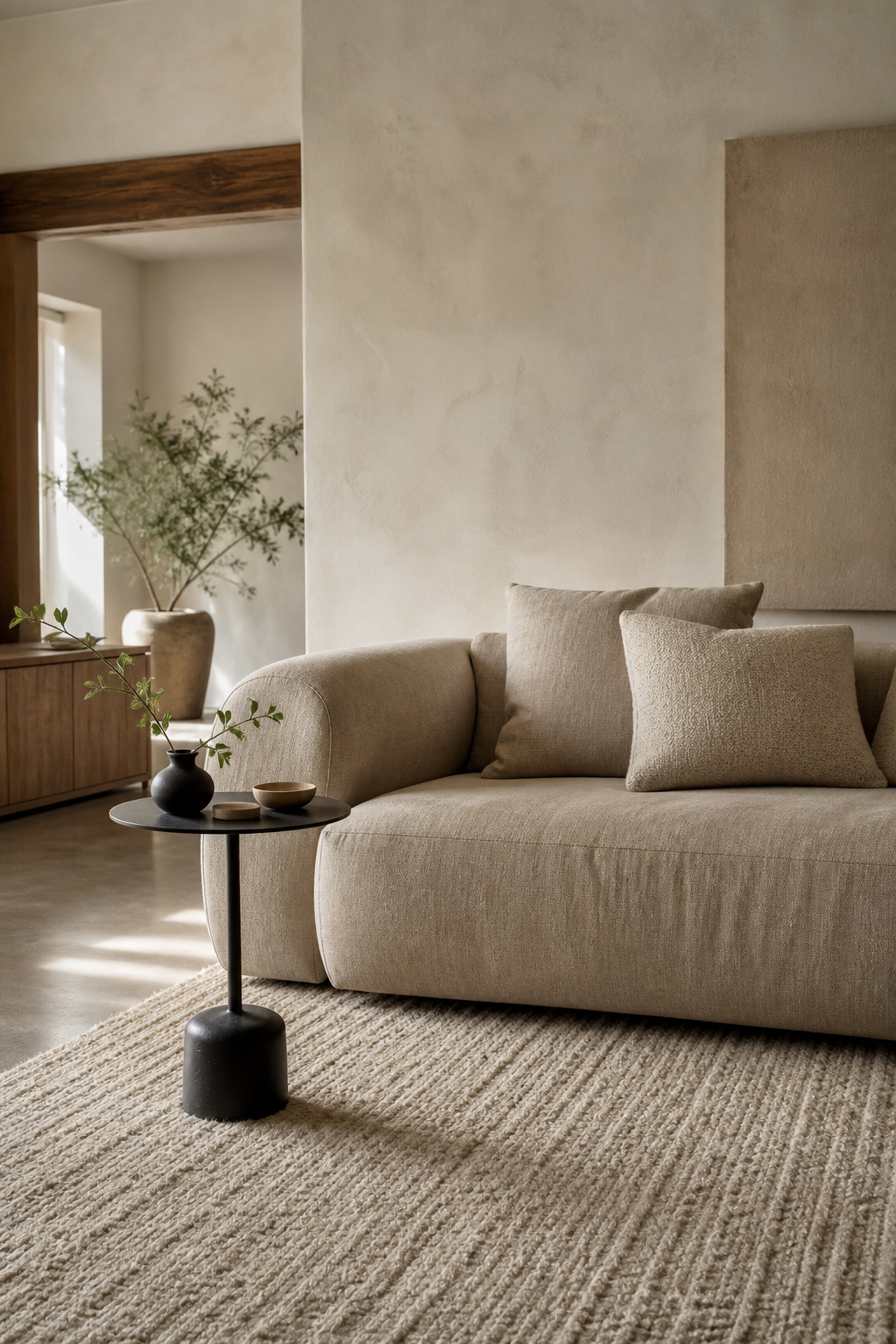 start with a soft neutral sofa in a cozy minimalist living room