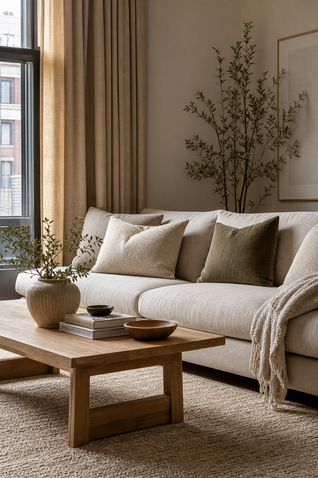 Warm apartment aesthetic idea with layer warm neutrals from wall to sofa
