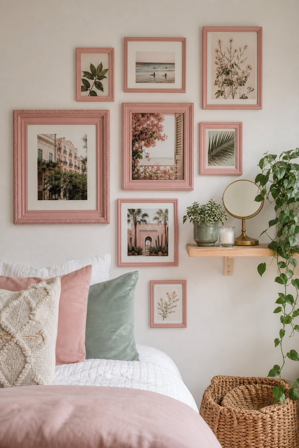 Teen bedroom wall with painted thrifted frames and polished DIY decor