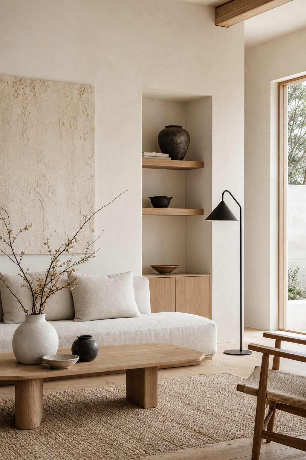 Japandi living room with warm white walls and pale oak accents