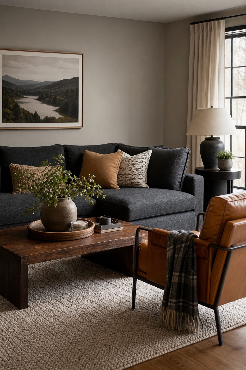 Dark grey couch styling idea with warm it with camel leather accents