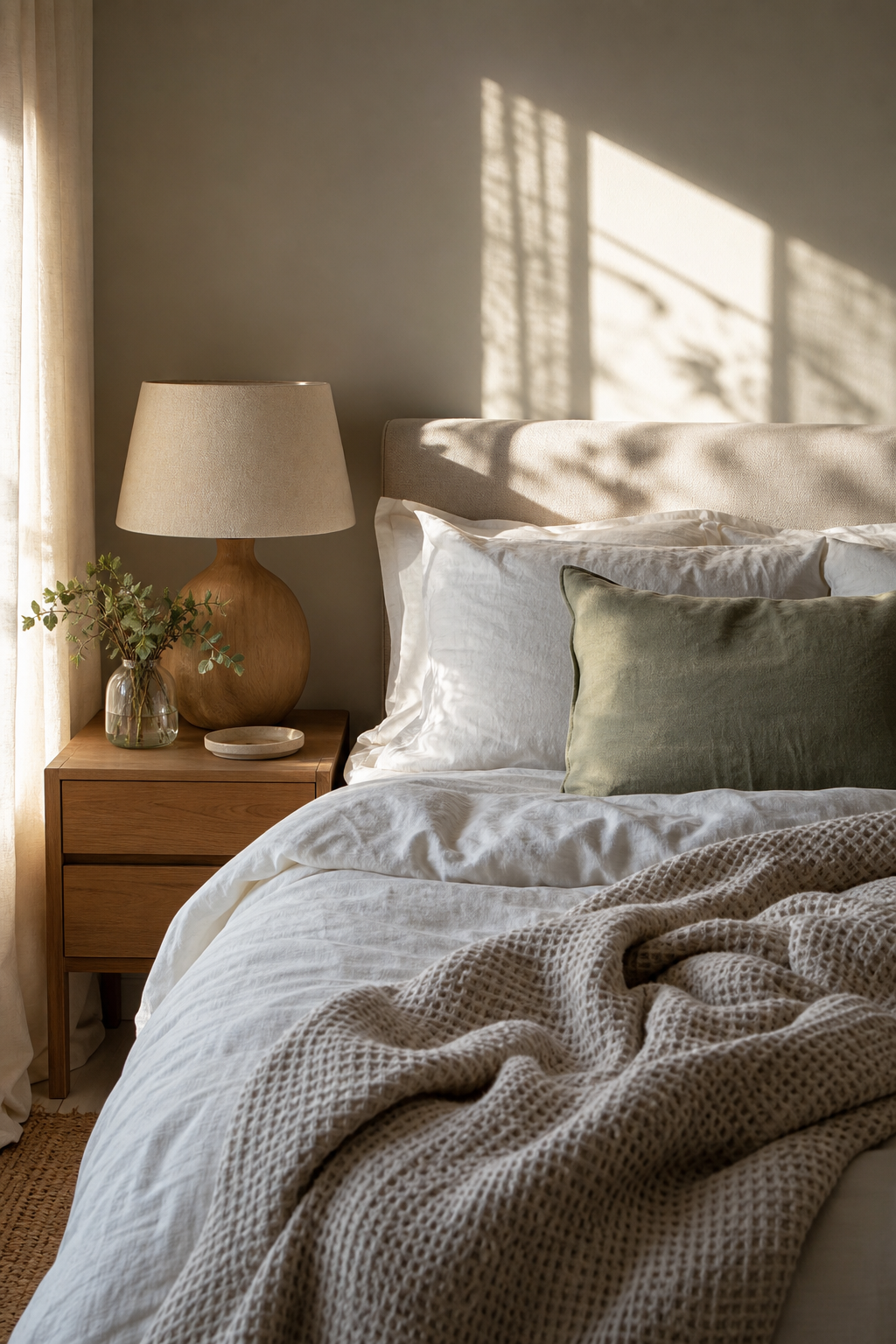 Neutral layered bed with textured bedding and soft Pinterest room decor
