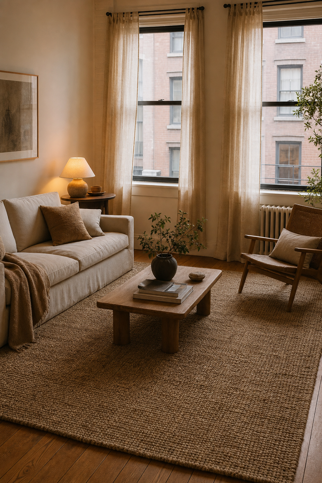 Cozy apartment living room with large rug anchoring the seating area