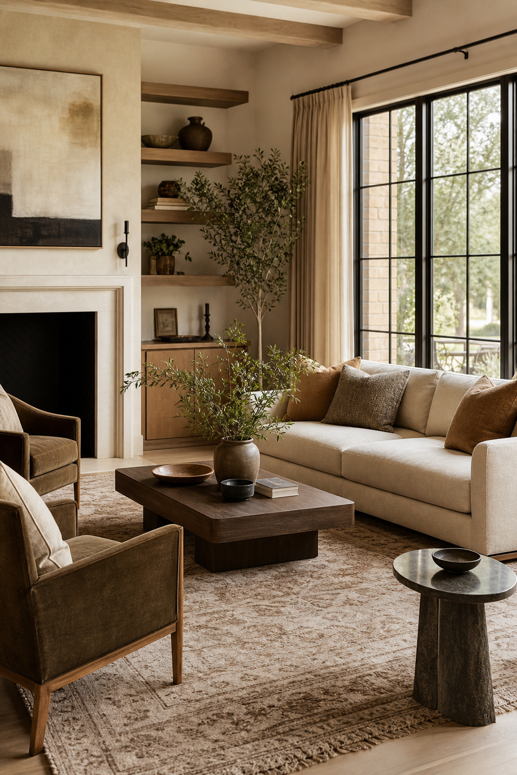 Conversation-friendly designer living room layout with sofa, two lounge chairs, large rug, coffee table, side tables, warm neutral palette, natural light