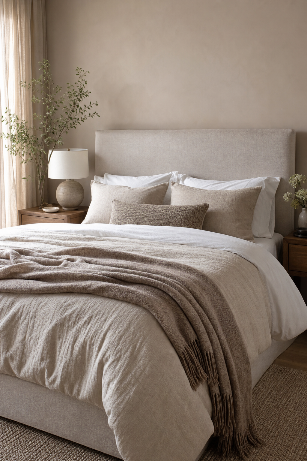 Cozy bedroom with white oatmeal and taupe layered bedding