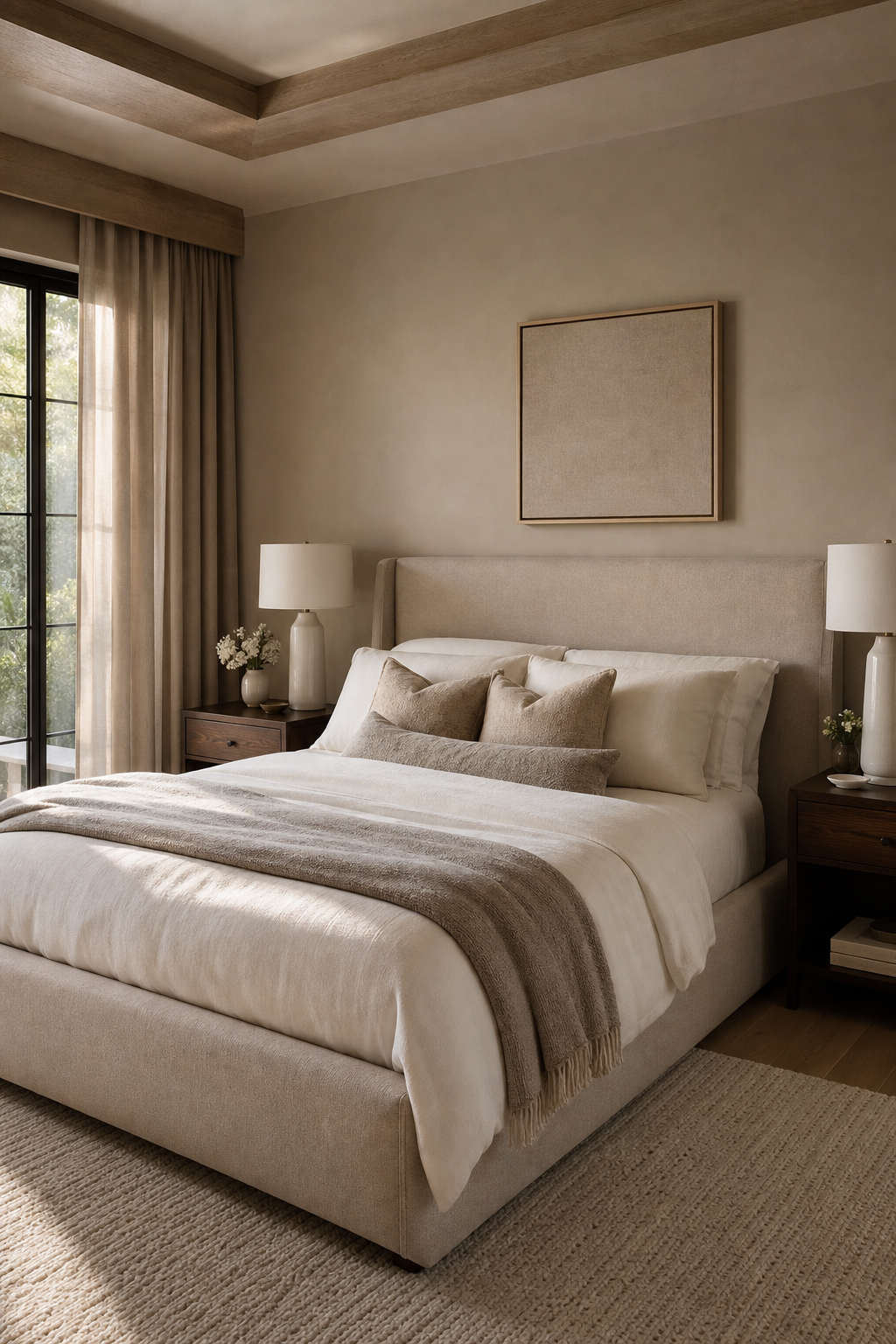Simple upholstered bed with layered neutral bedding in a cozy luxury bedroom