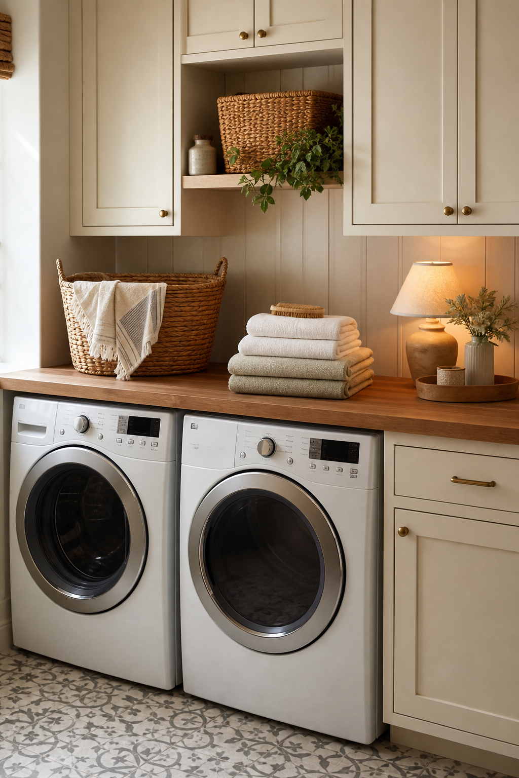 Laundry room with warm wood folding counter over washer and dryer