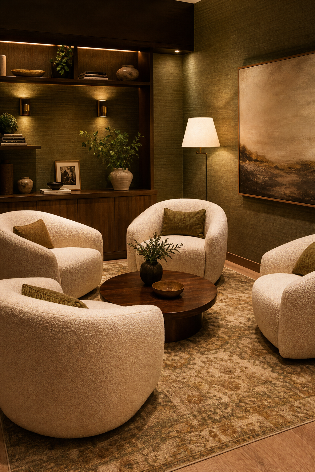 Arrange four lounge chairs around low table in a cozy designer conversation room