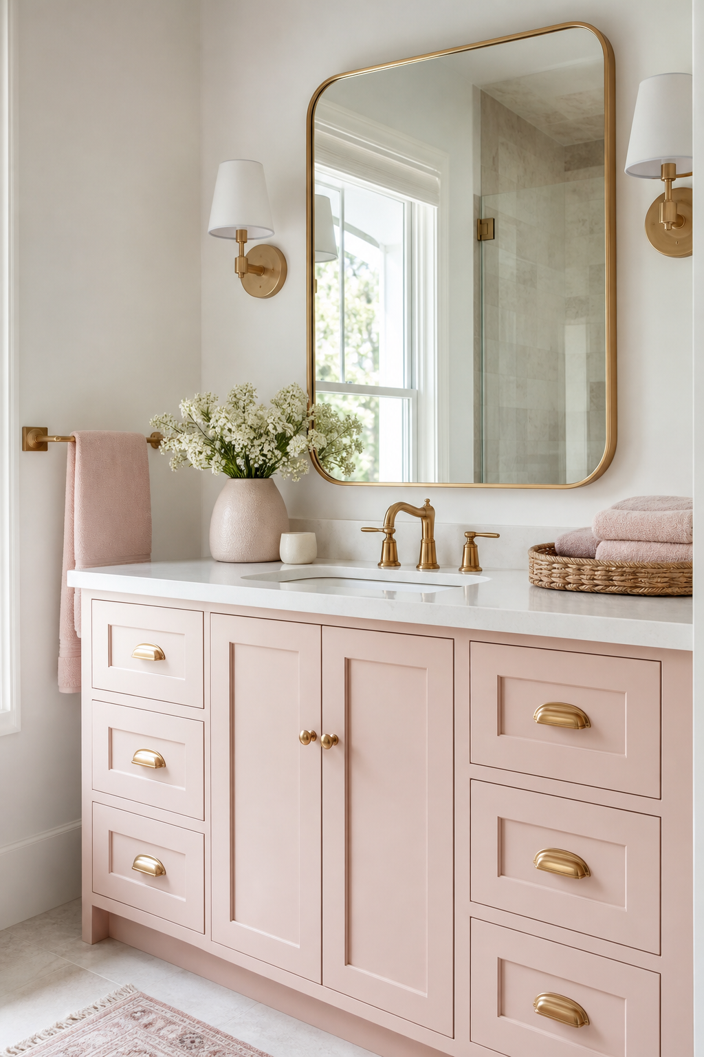 Cute bathroom with soft pink vanity and rounded mirror