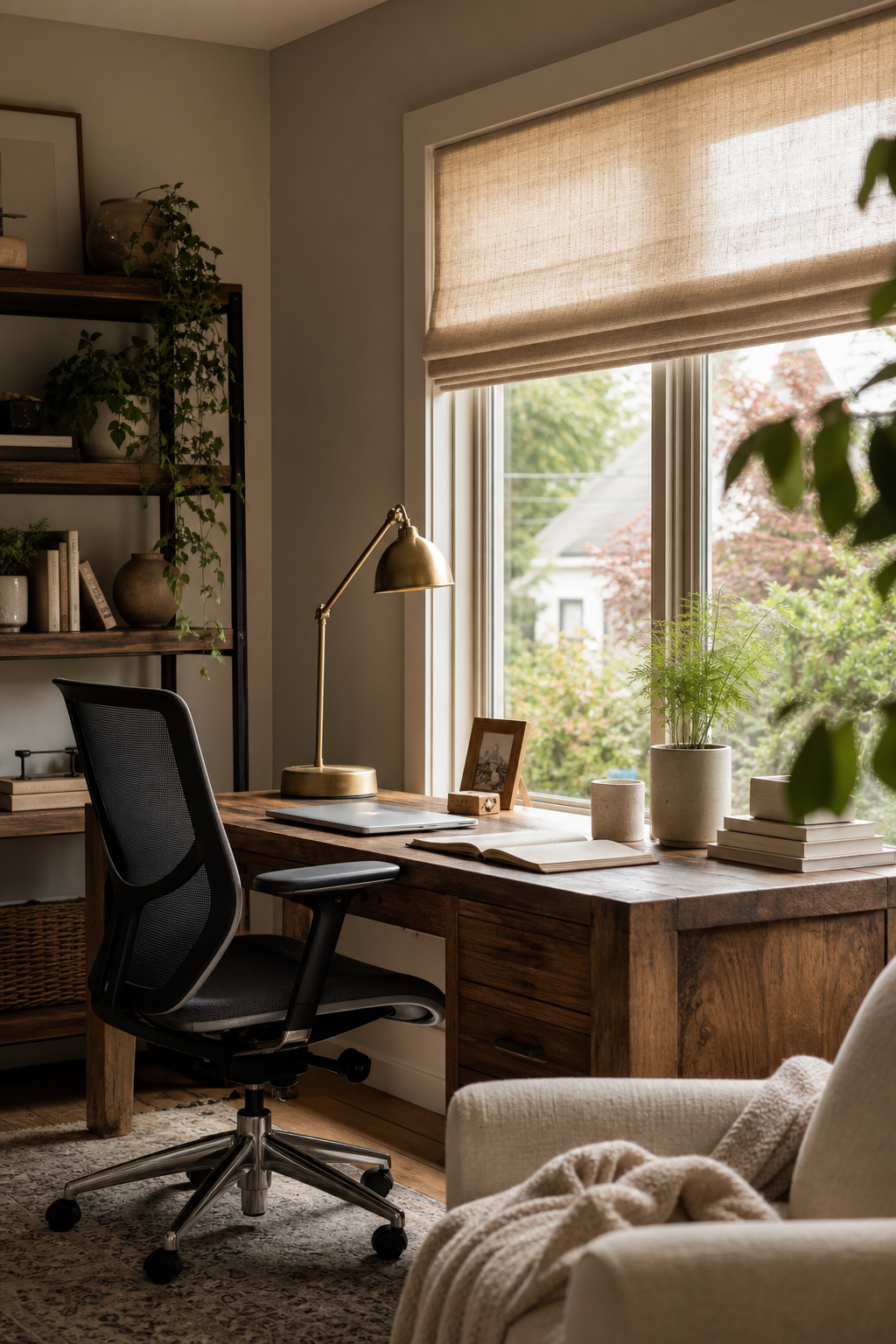 Cozy home office with desk near large window, linen shade, wood desk, ergonomic chair, warm neutral palette, greenery