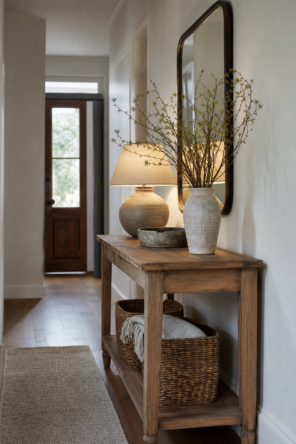 Entryway with warm wood console table lamp vase and baskets