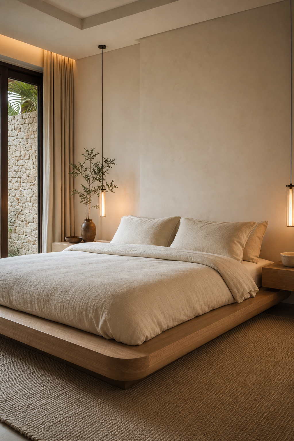 Low minimalist platform bed with rounded pale oak edges and relaxed ivory bedding