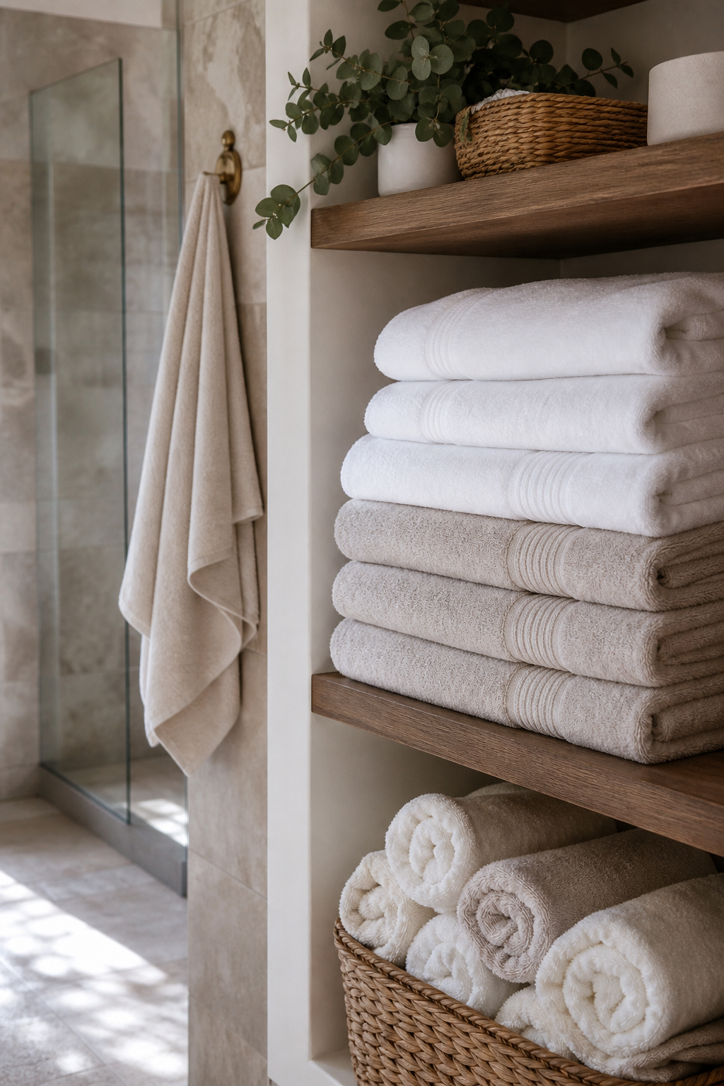 Spa bathroom shelf with plush white and oatmeal towels