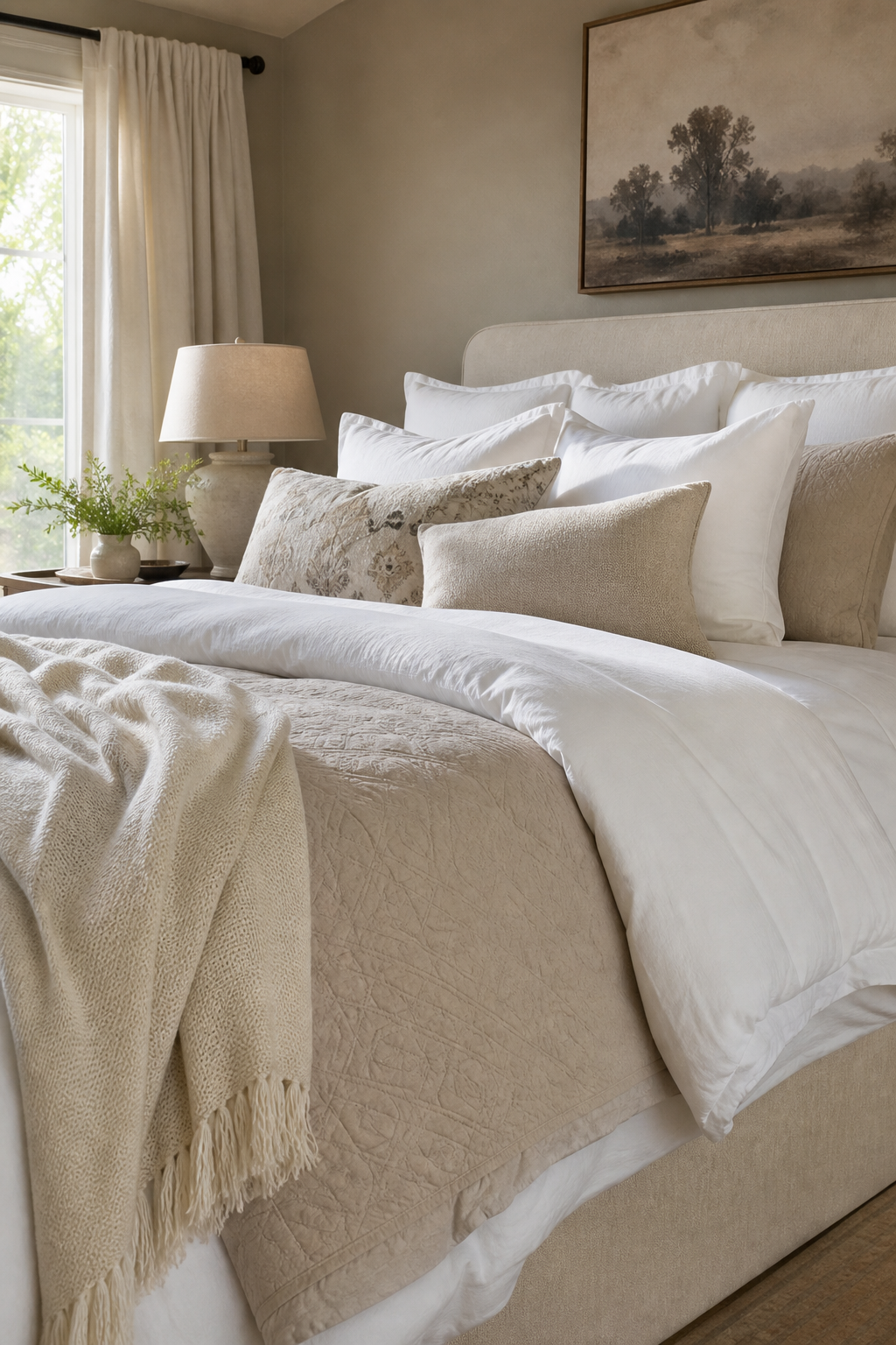 Cozy guest bedroom with generous layered white and oatmeal bedding, quilt, pillows, upholstered bed, soft daylight