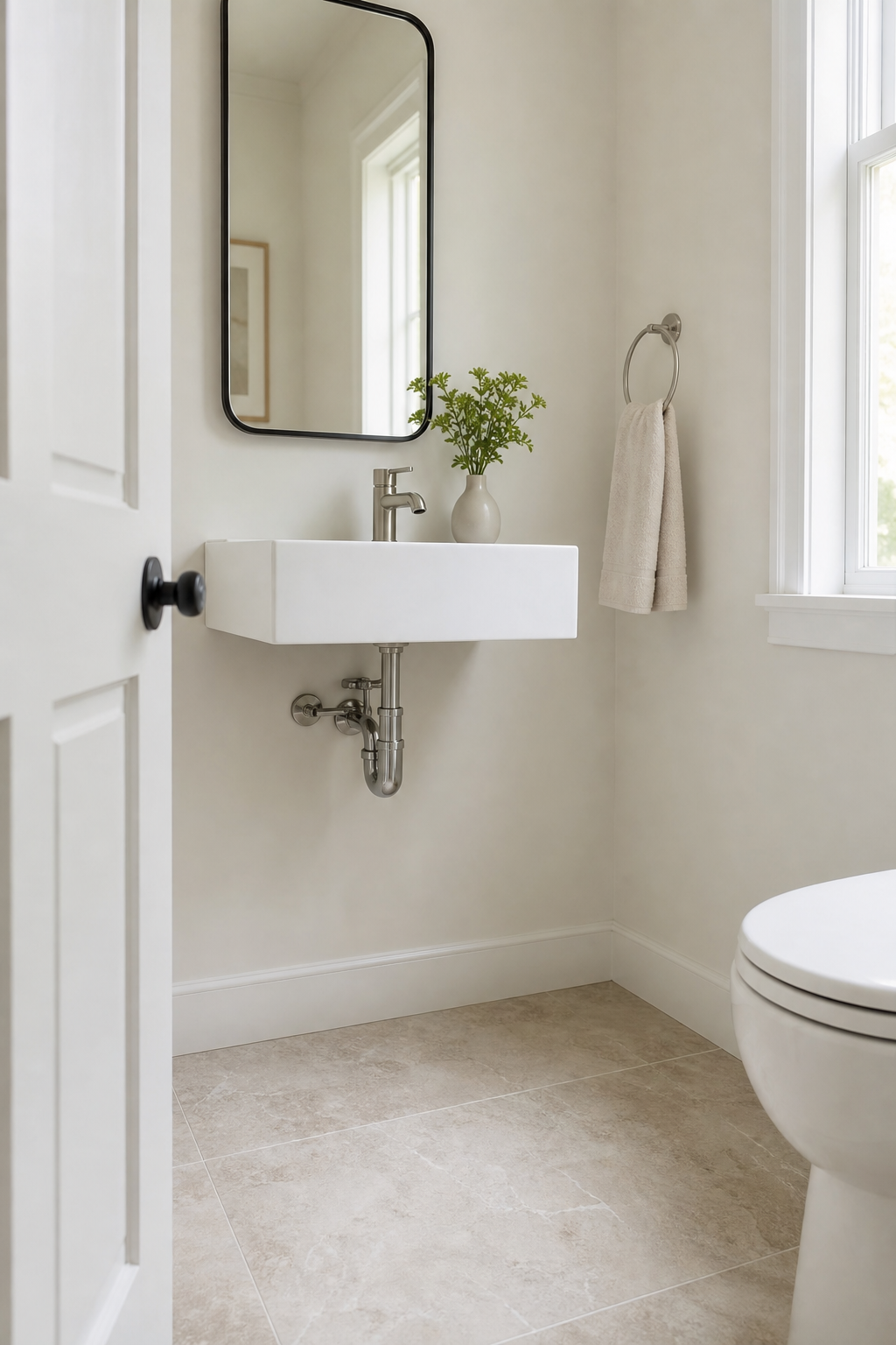 Small half bathroom with wall-mounted floating sink, clean exposed plumbing, tile floor, and slim mirror