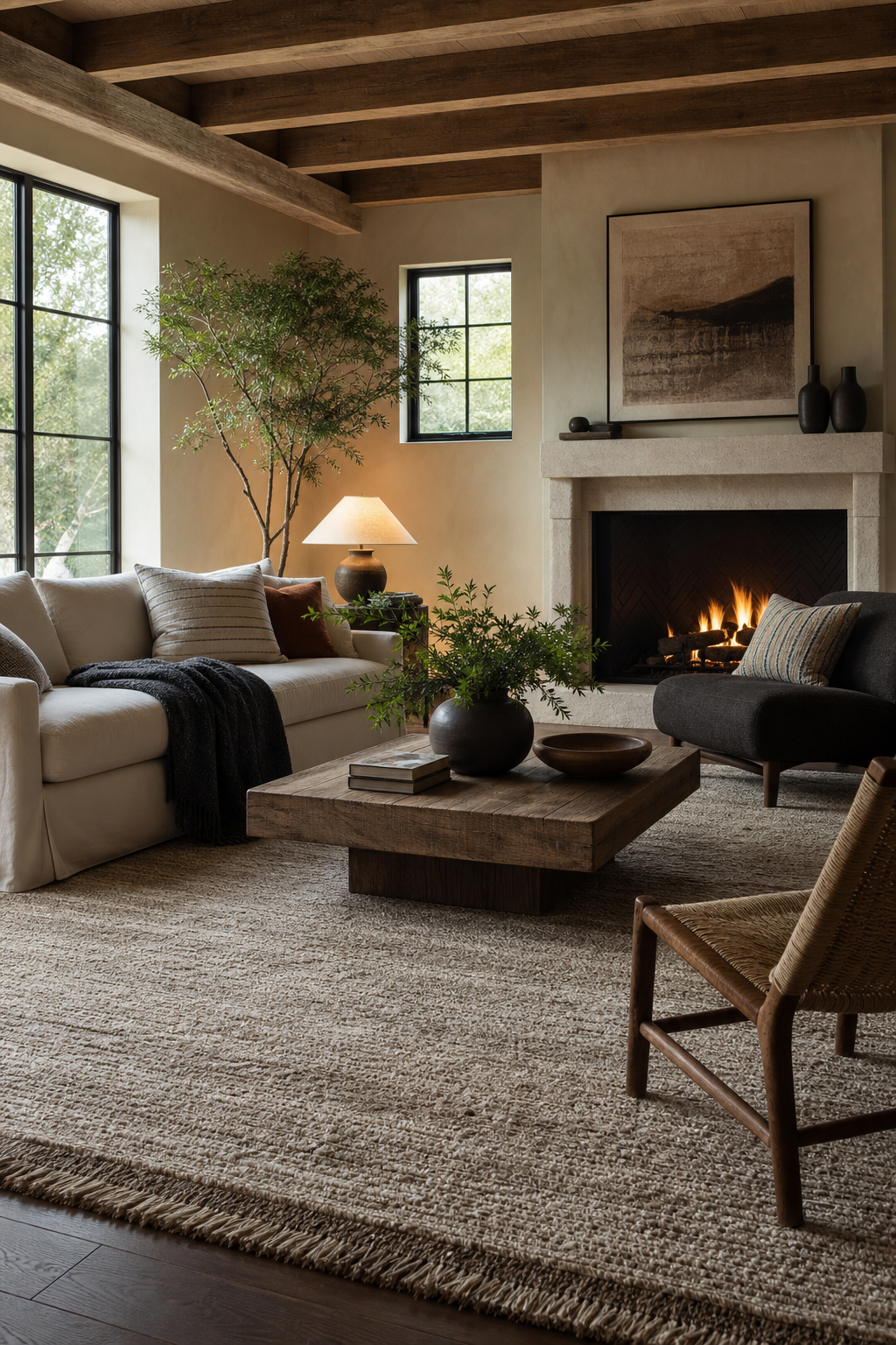 Anchor The Room With A Large Textured Rug in a cozy designer living room