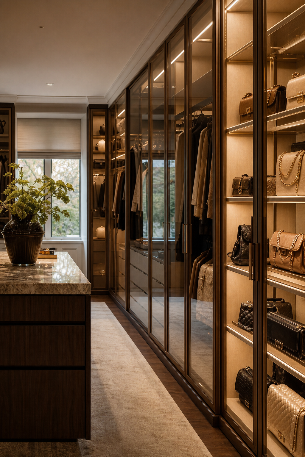 Use Glass Doors To Keep Favorites Visible in a neat stylish walk-in closet