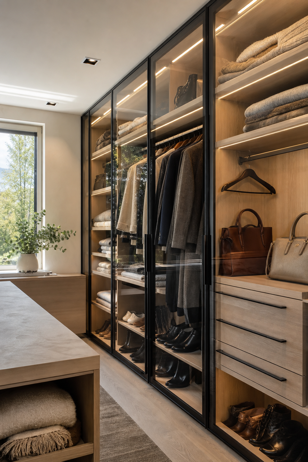 Dressing closet idea with add glass doors to keep dust away
