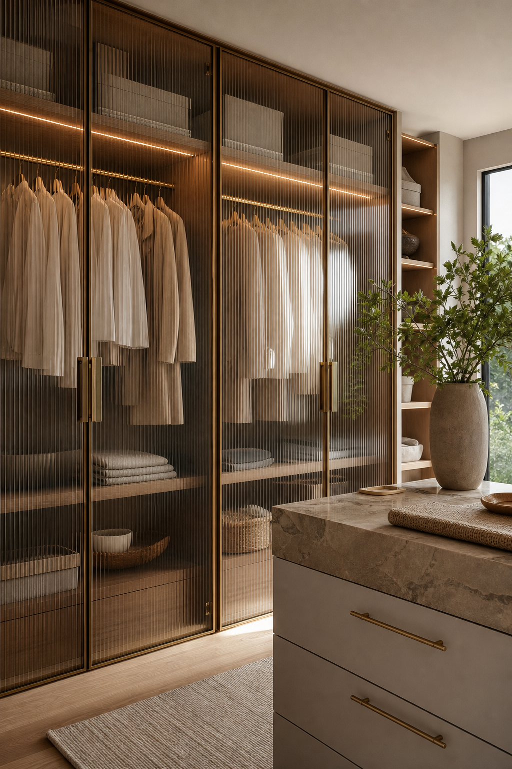 Boutique Closet With Lit Handbag Cubbies in a neat stylish closet