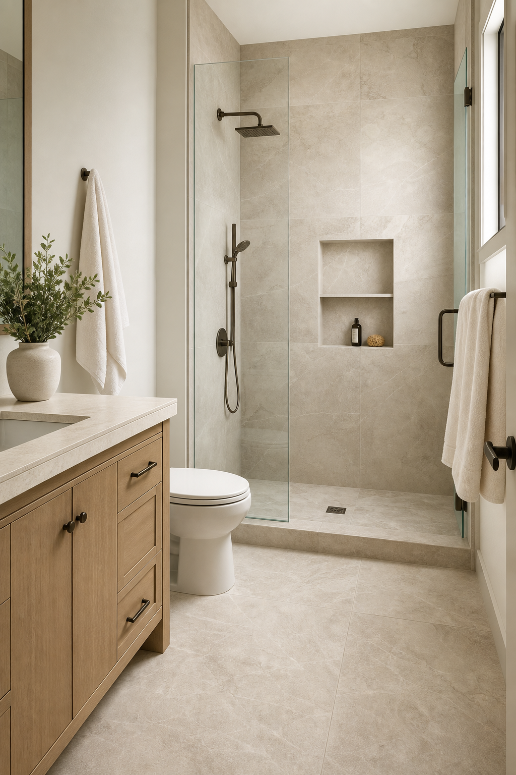Choose large format stone tile in a spa-like guest bathroom