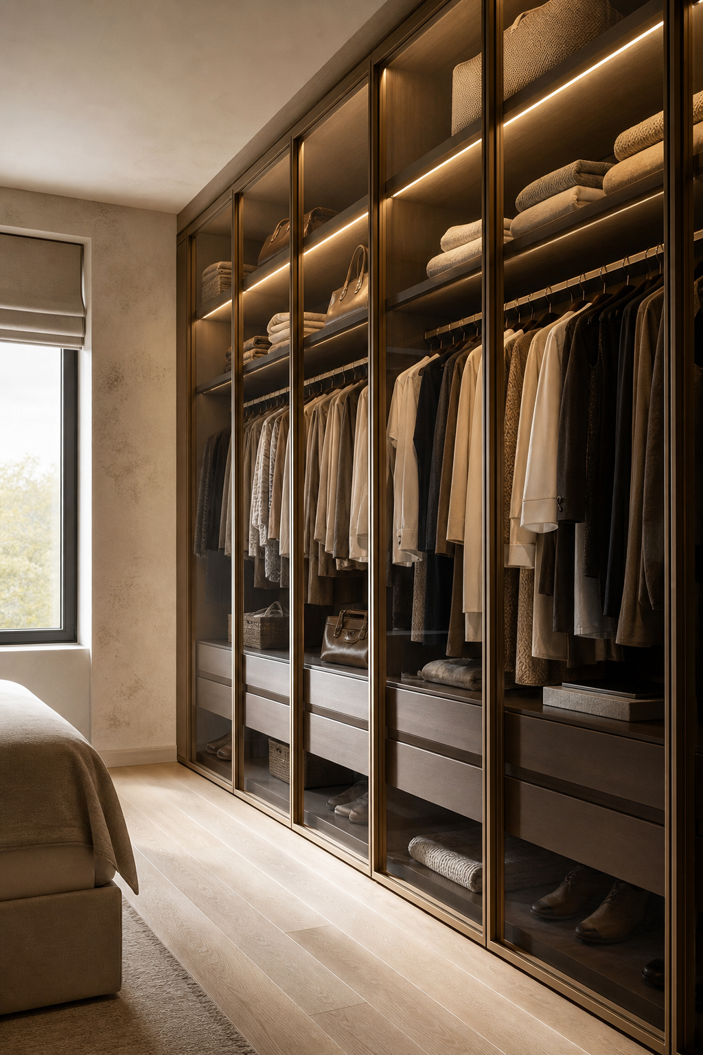 Elegant closet with glass-front wardrobe doors, bronze frames, and softly lit organized clothing