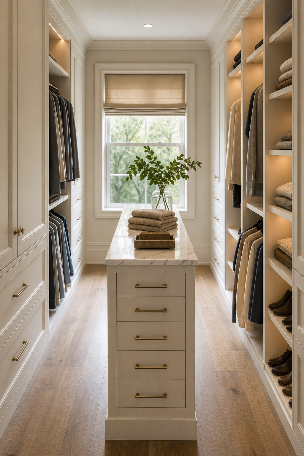 Place A Slim Island In The Center in a neat stylish closet room