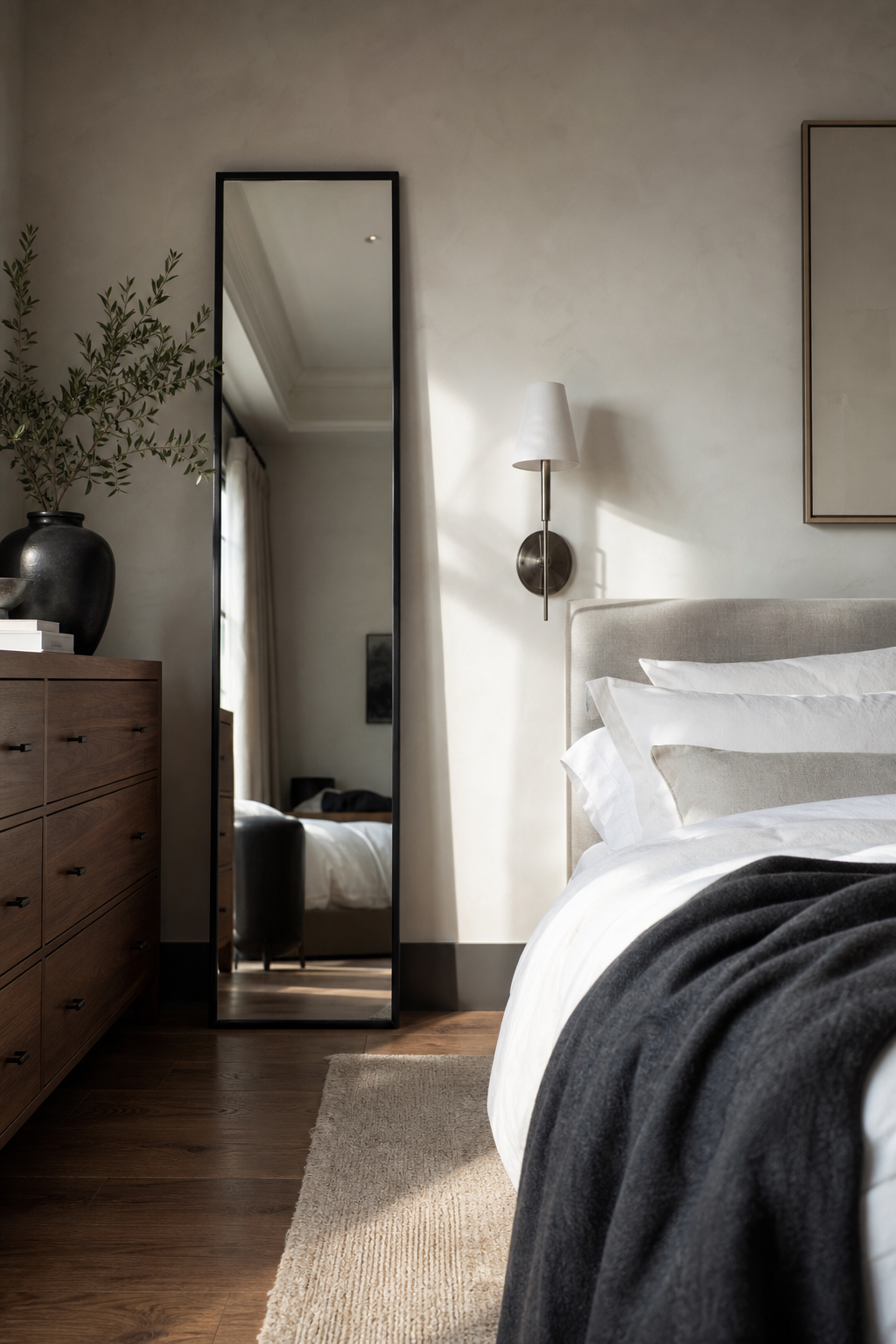 Slim black standing mirror defining a modern neutral bedroom