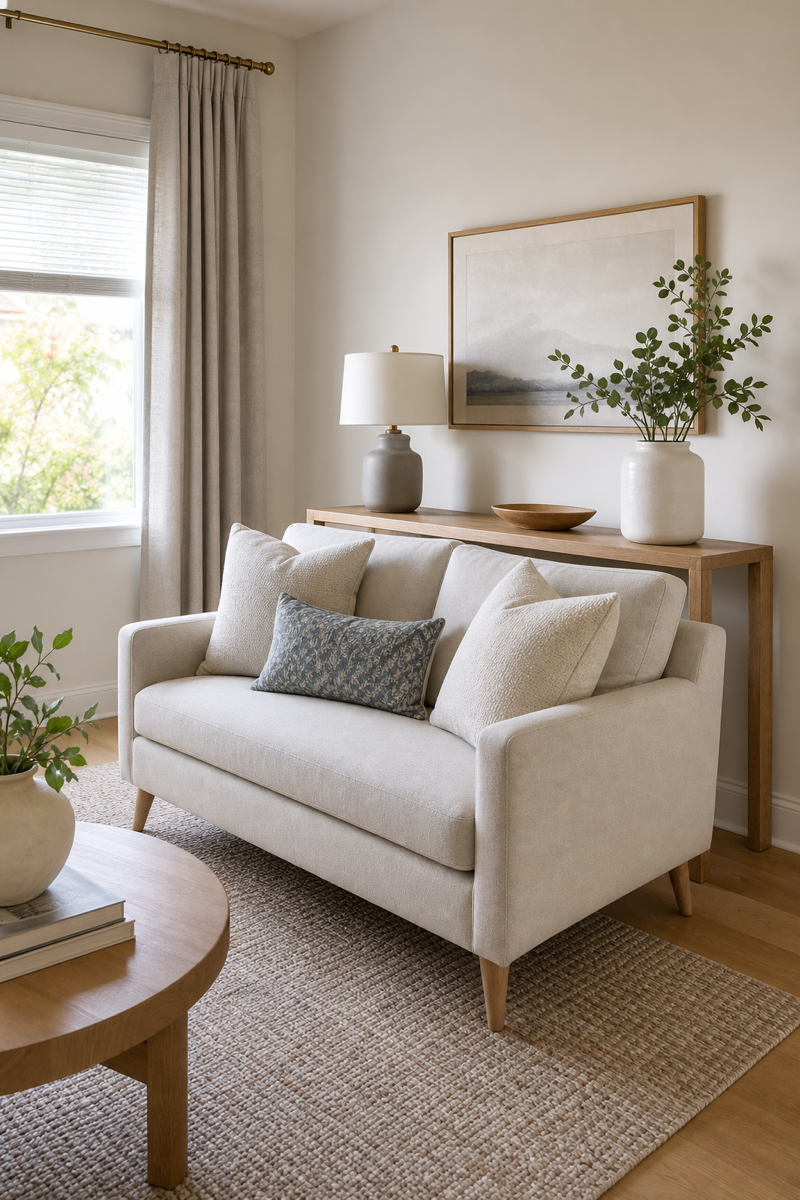 Small room makeover with a loveseat floated away from the wall for depth