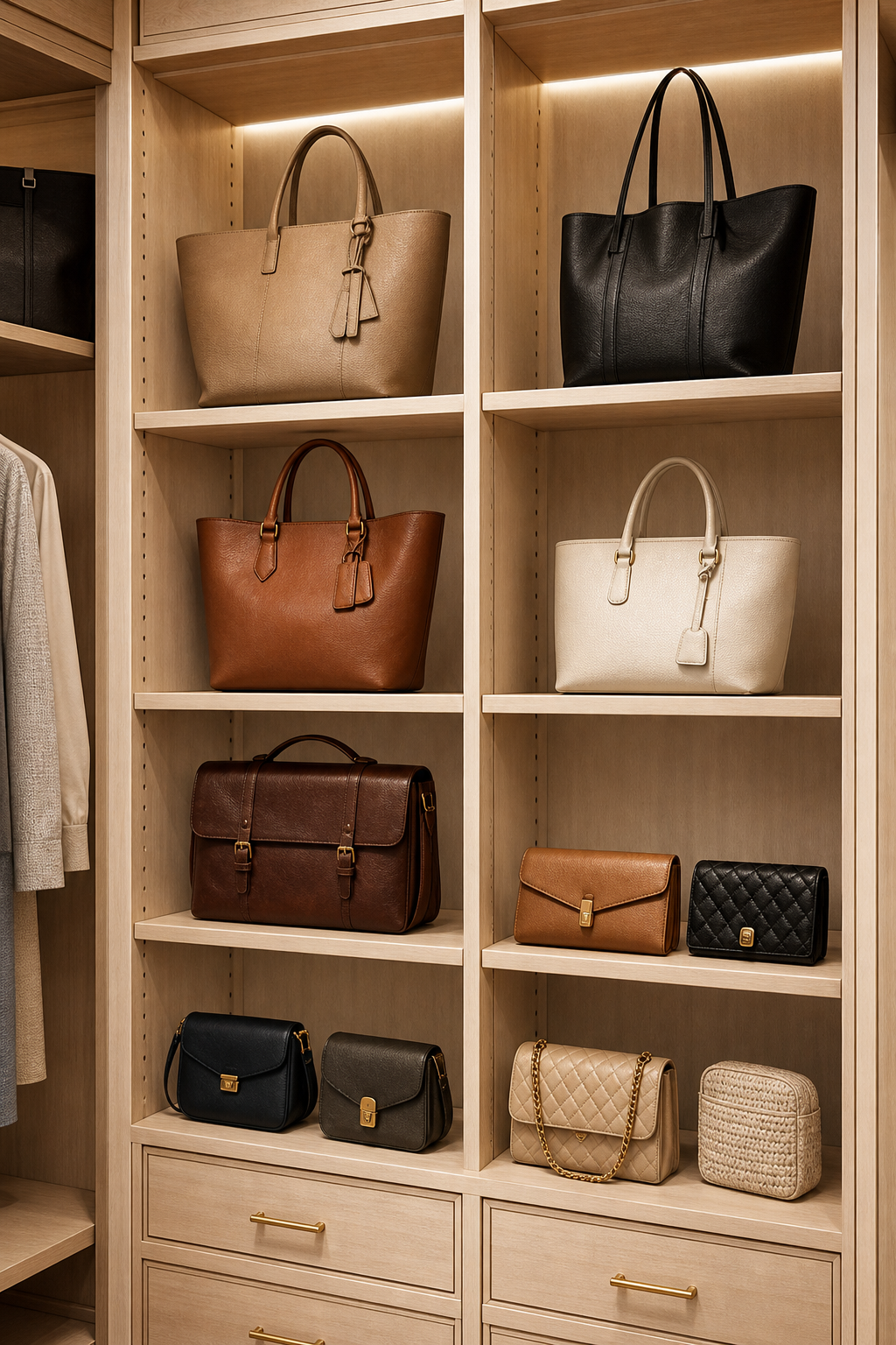 Add Adjustable Shelves For Height in a neat stylish handbag closet