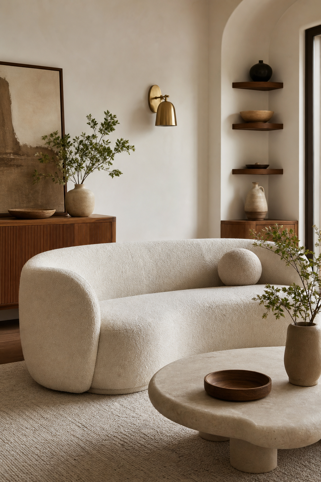 Modern sofa design idea with curved boucle sofa