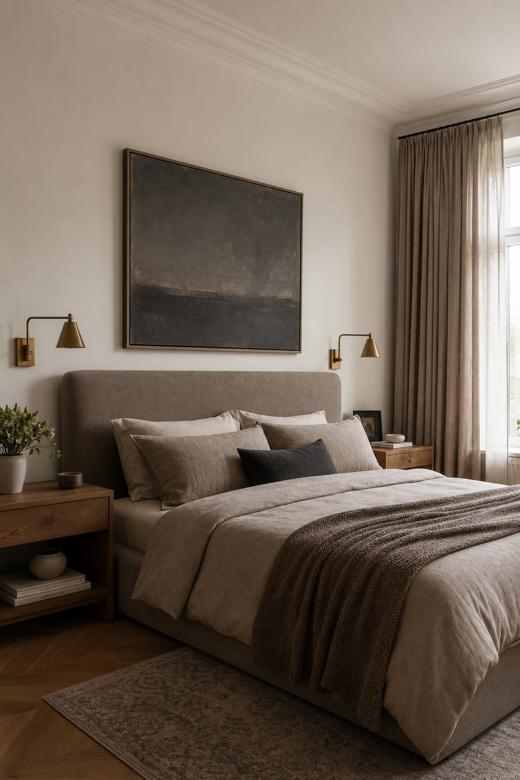 Warm neutral bedroom with taupe bed, mushroom bedding, oak furniture, and brass sconces