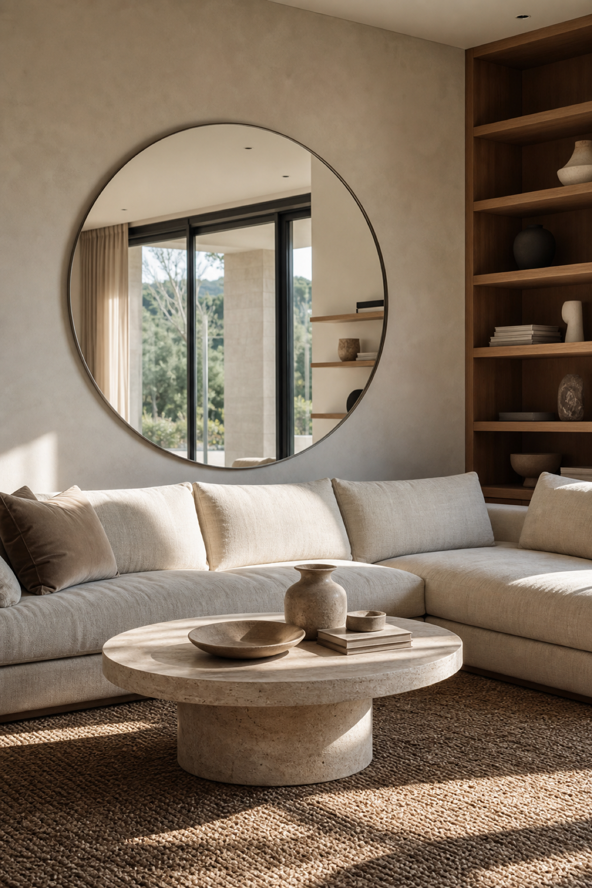 Use A Large Round Mirror To Soften Lines for Mirror Design Wall Ideas That Brighten And Elevate Any Room