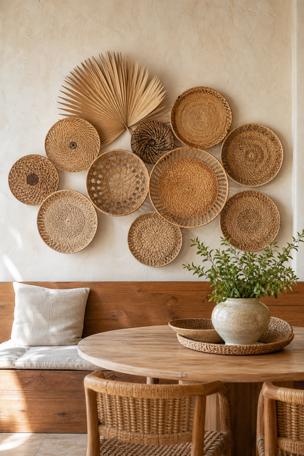 Sculptural basket wall hanging arrangement