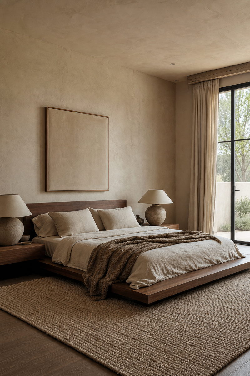 Modern bedroom with low walnut platform bed and calm styling