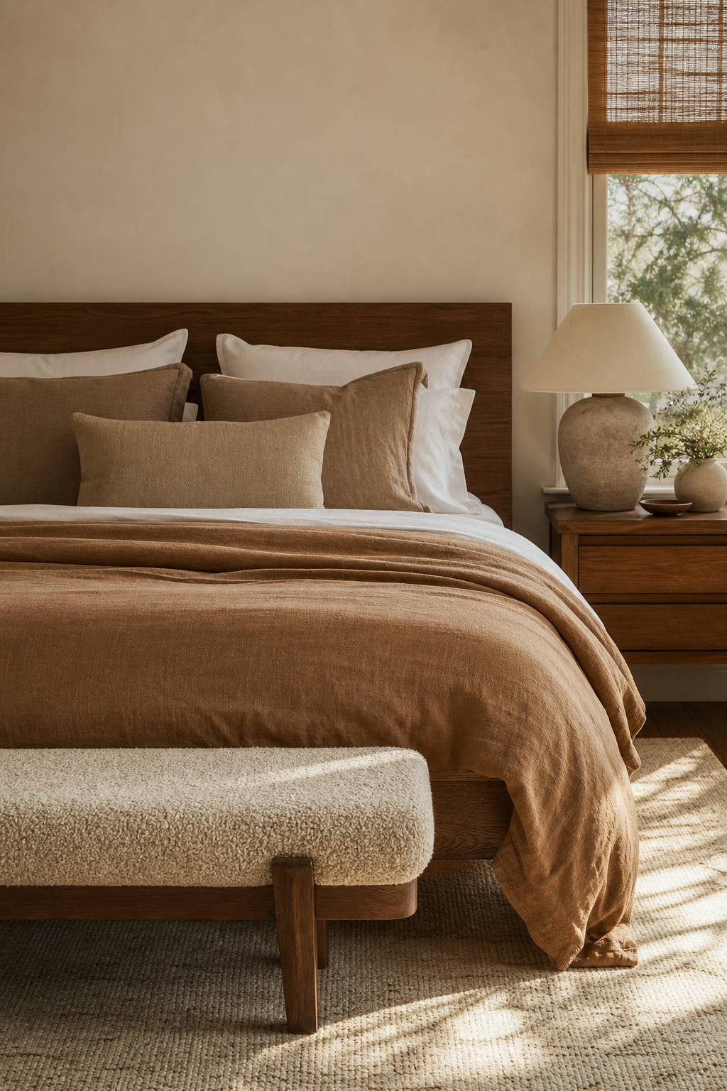 Bedroom with caramel linen bedding, walnut bed, and boucle bench
