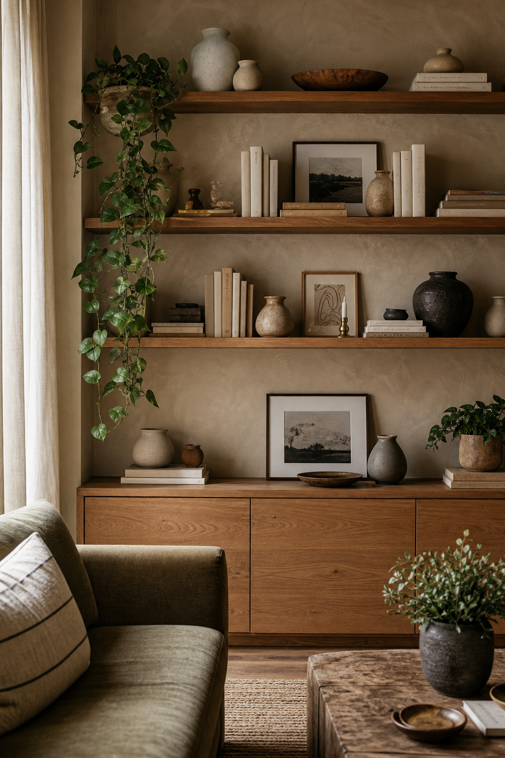 Aesthetic living room shelves styled with ceramics books art and greenery