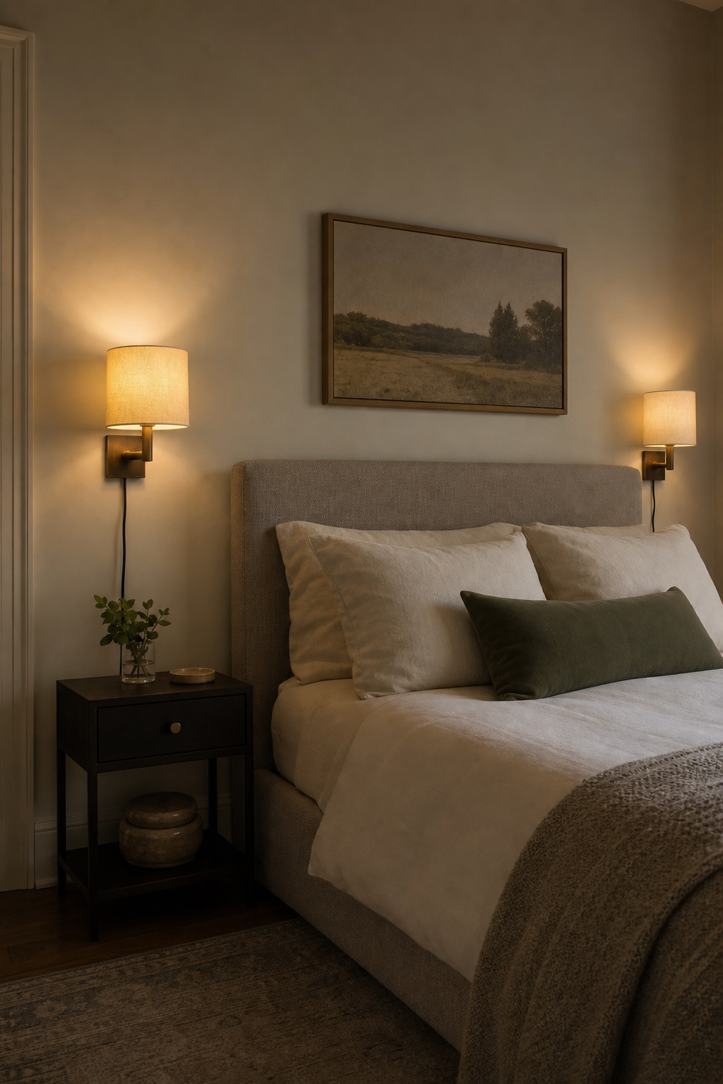 Small bedroom with wall sconces freeing space on narrow nightstands