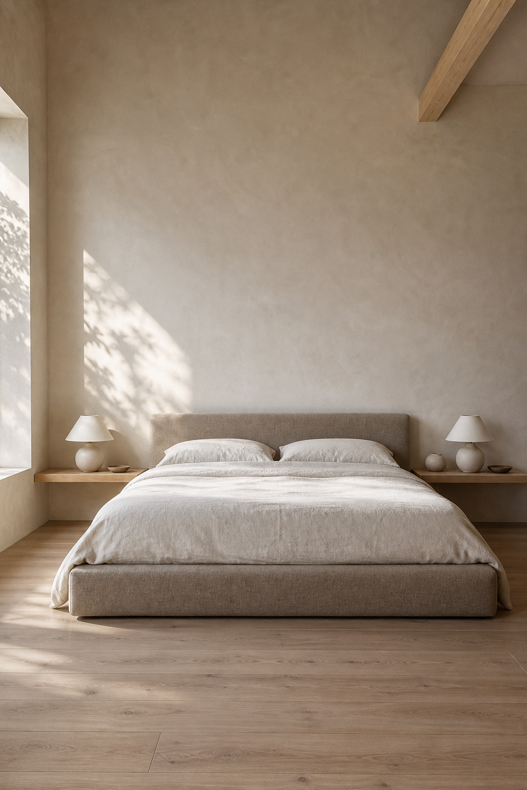 Minimal bedroom with a low taupe platform bed, white linen bedding, and clean architectural lines