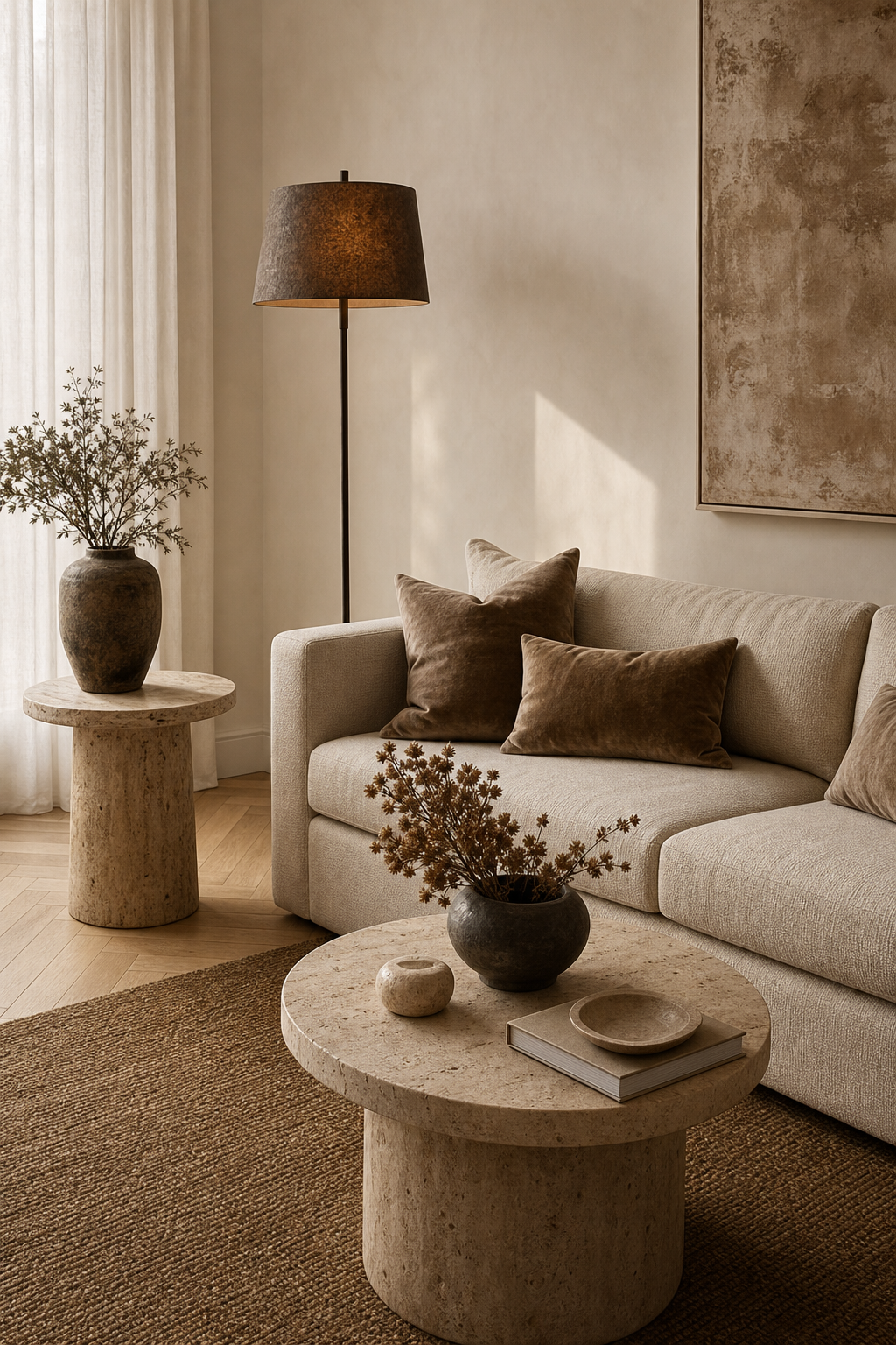 Warm neutral sitting room with layered textures, travertine accents, and linen furniture